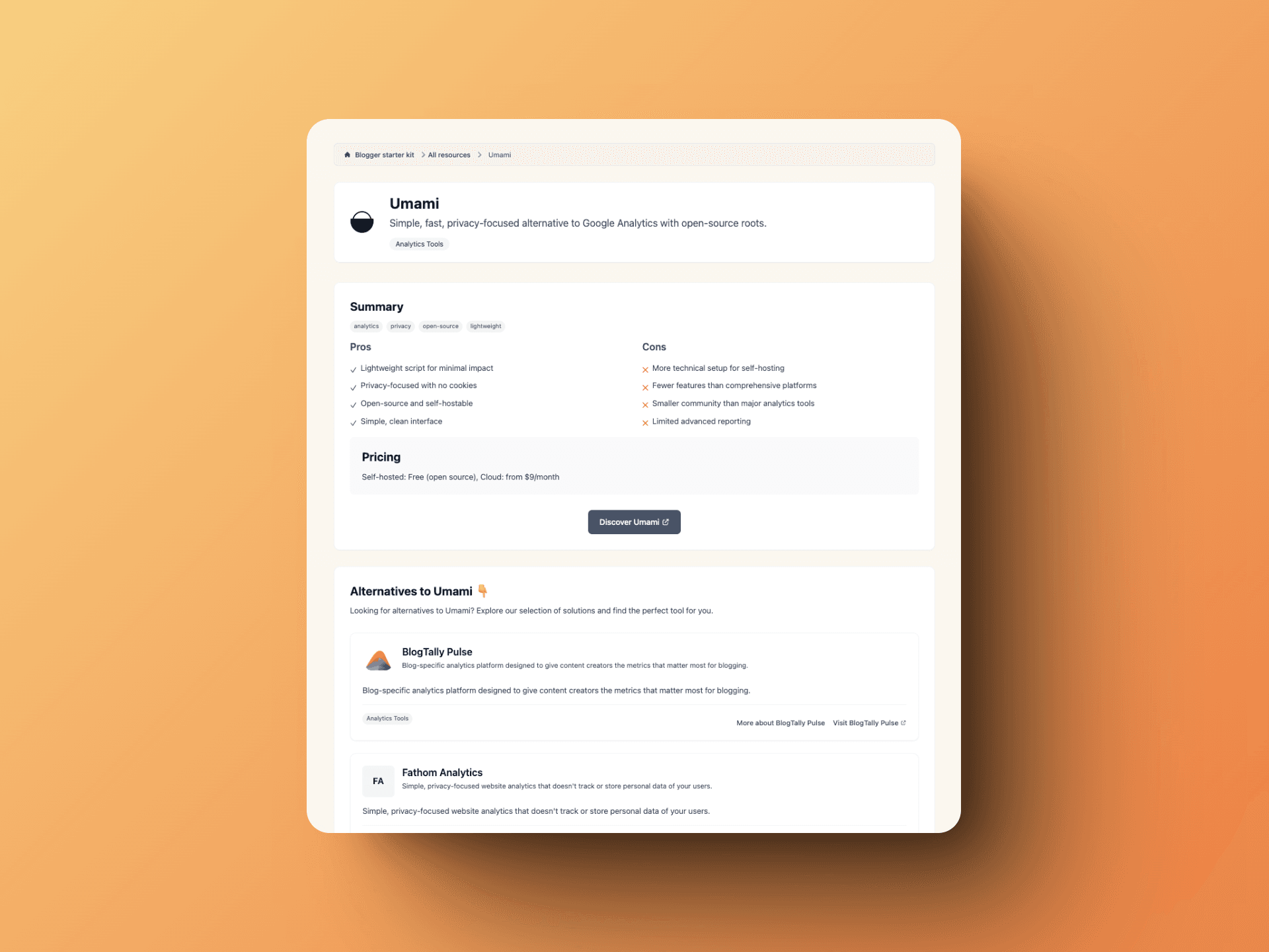 A detailed tool card with pros, cons, and key information