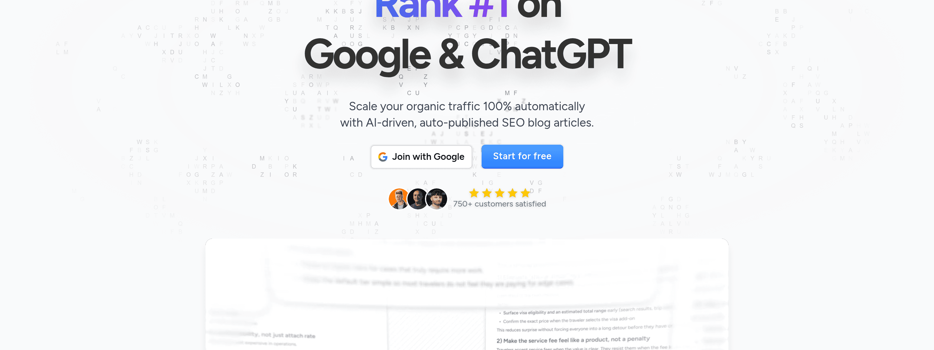 The BlogSEO home page, promising to rank you on Google and ChatGPT with auto-published SEO articles.