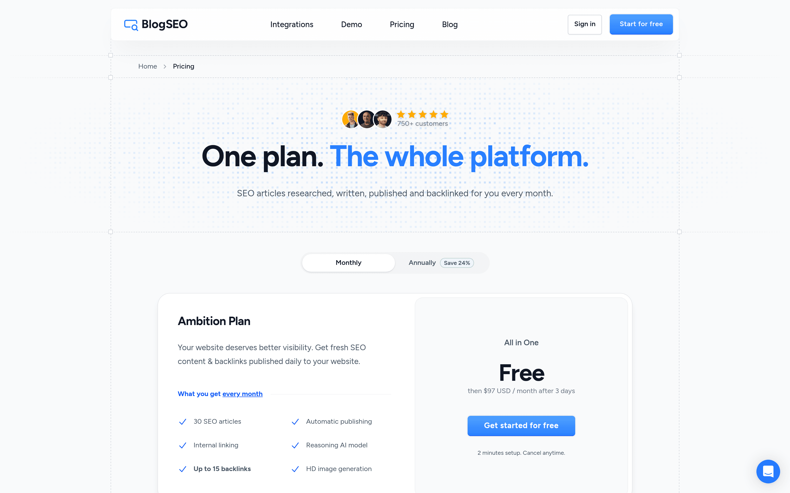 The pricing page: a single Ambition plan with 30 SEO articles a month, free for 3 days, then $97/month.