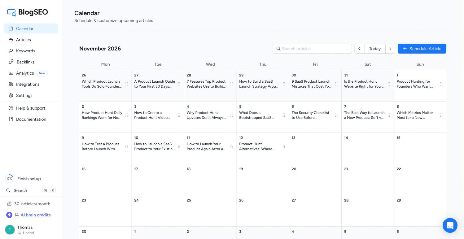 The content calendar filled with one article a day, including the November 12 article I scheduled through the MCP server.