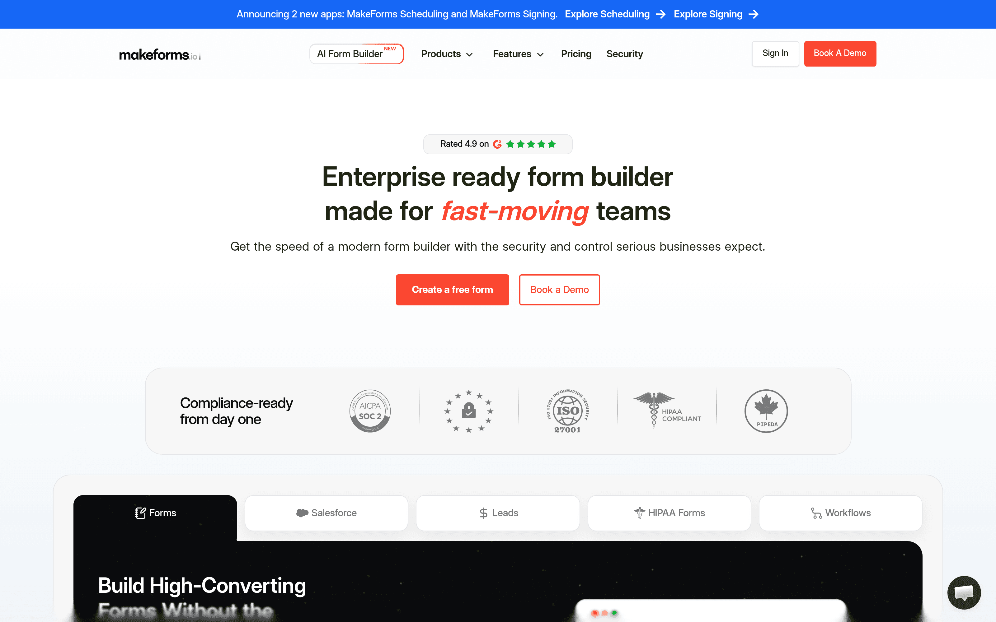 The MakeForms home page: an enterprise-ready form builder for fast-moving teams.