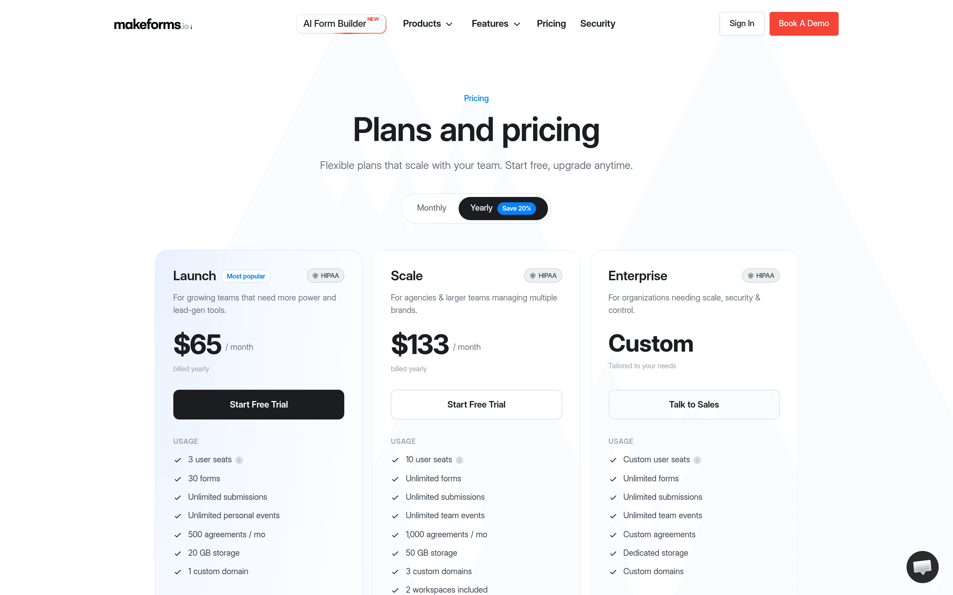 The pricing page, with Launch, Scale and Enterprise.