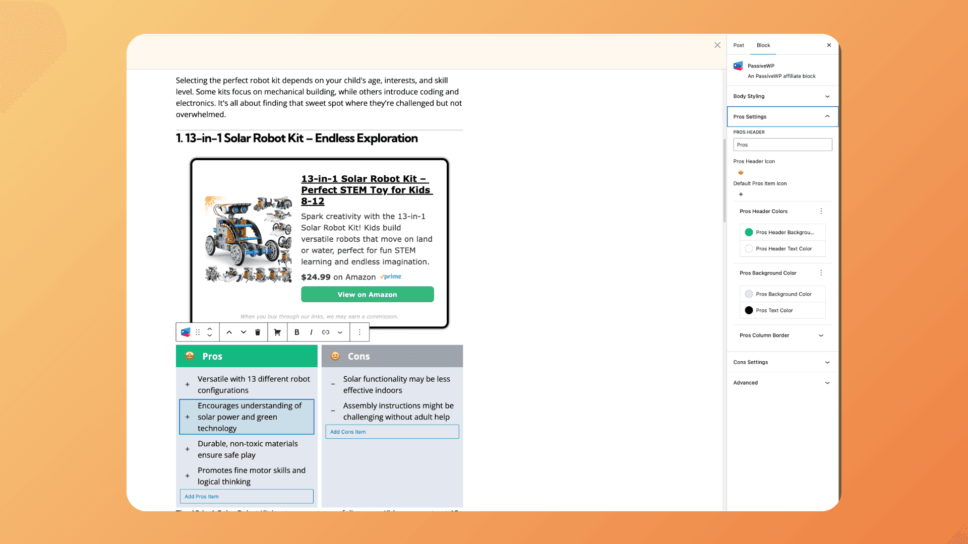 The PassiveWP product block in the Gutenberg editor with pros and cons feature