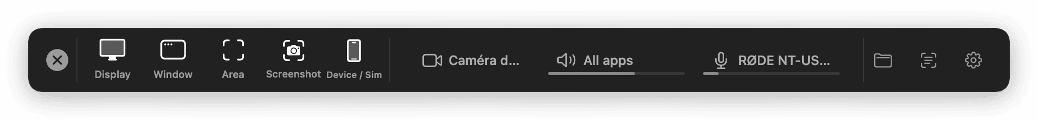 The recording toolbar: display, window, area, screenshot and device capture, with camera, system audio and microphone pickers.