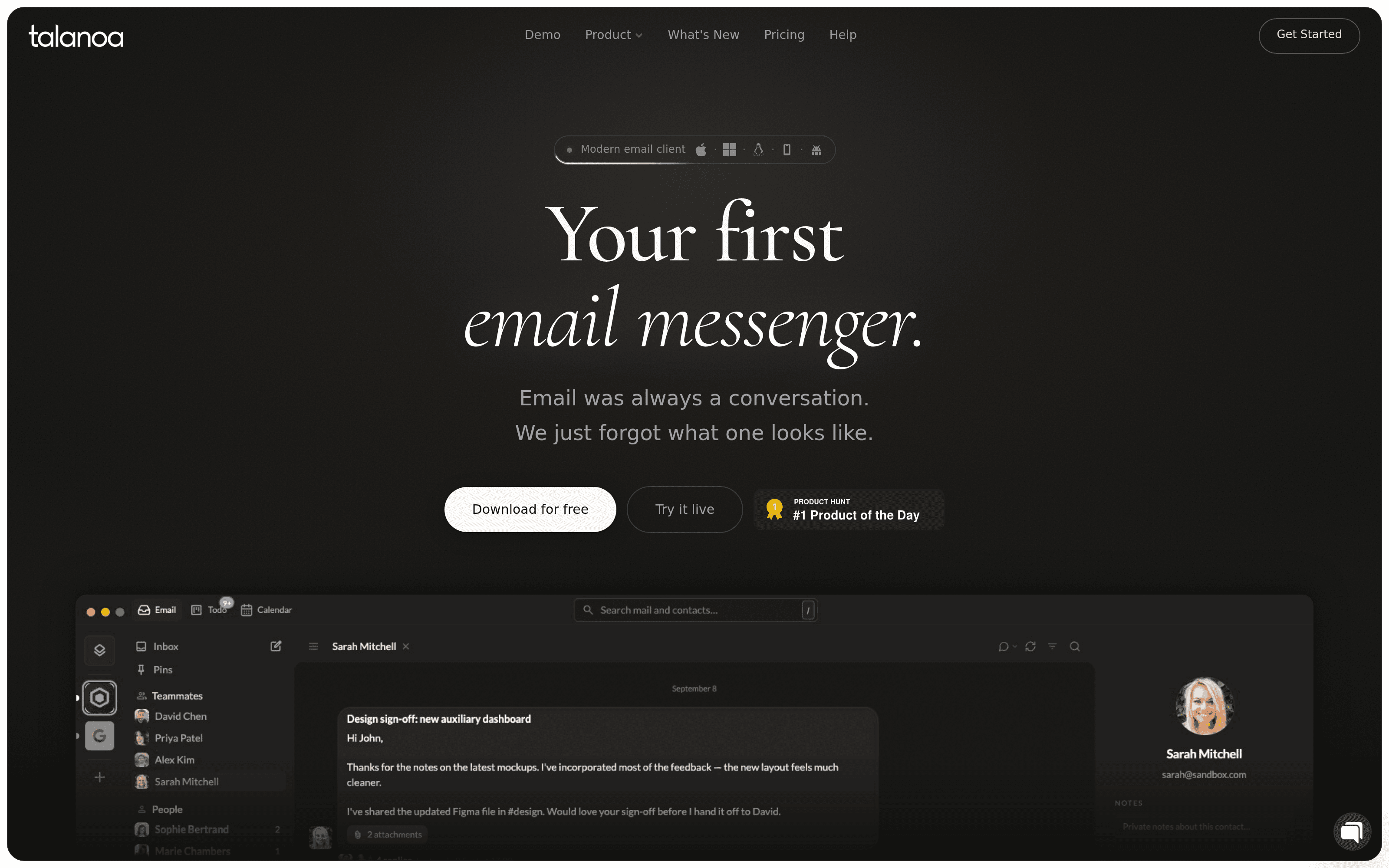 The Talanoa home page: "Your first email messenger."