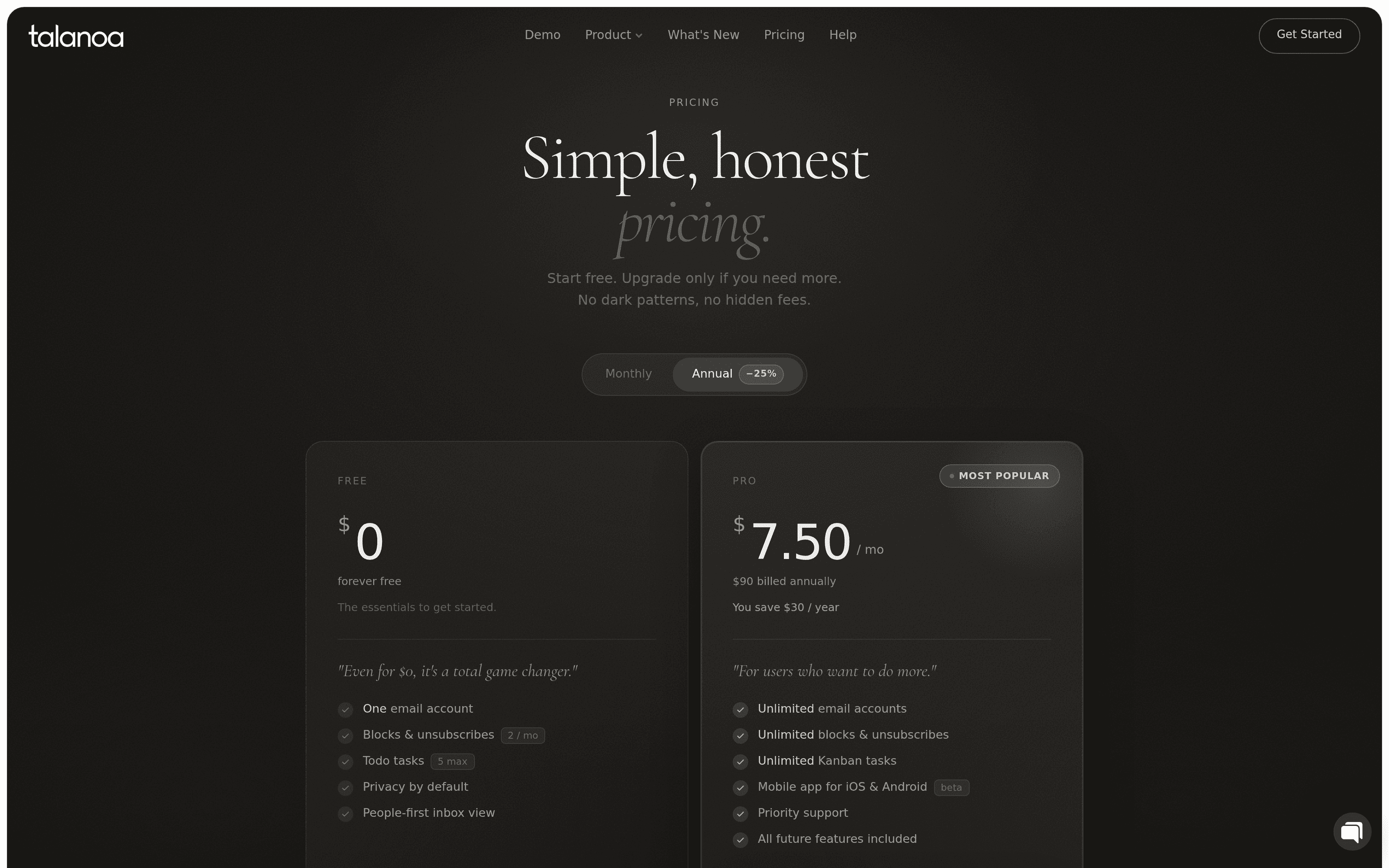 The Talanoa pricing page, set to annual billing: Pro at $7.50 a month, billed $90 a year.