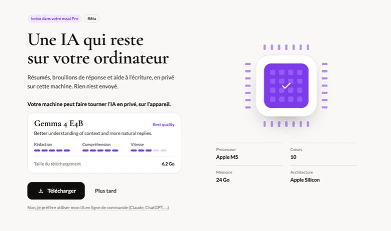 The private AI step of the onboarding detects the processor, core count and memory, then recommends Gemma 4 E4B. The interface was in French here because it follows the system language.
