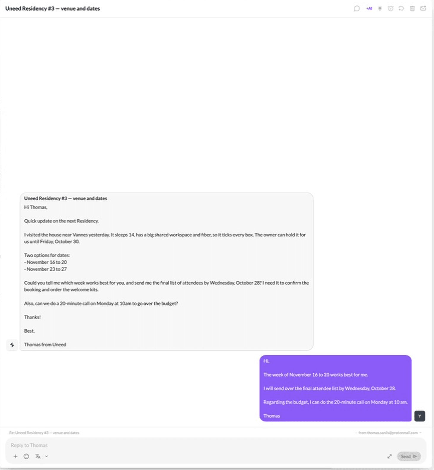 A conversation in the Modern chat style: the incoming email in grey, my reply in purple, with the quoted original stripped out.