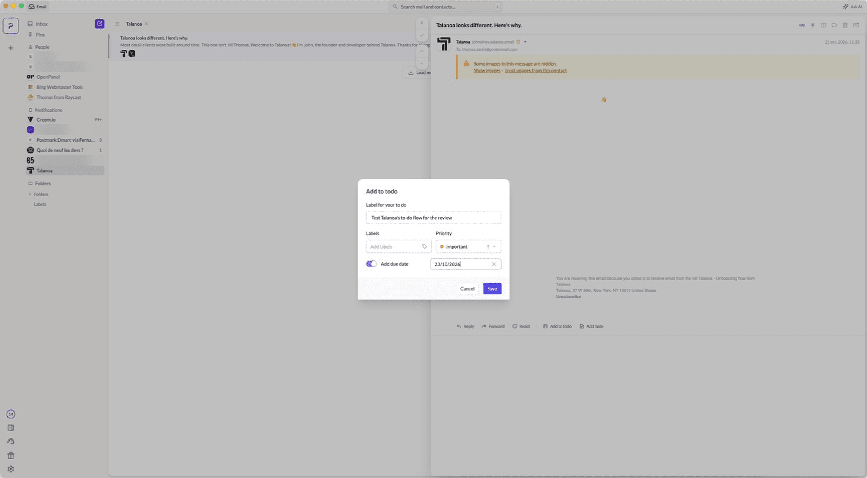 The Add to todo form, opened from an email: label, labels, priority and due date.