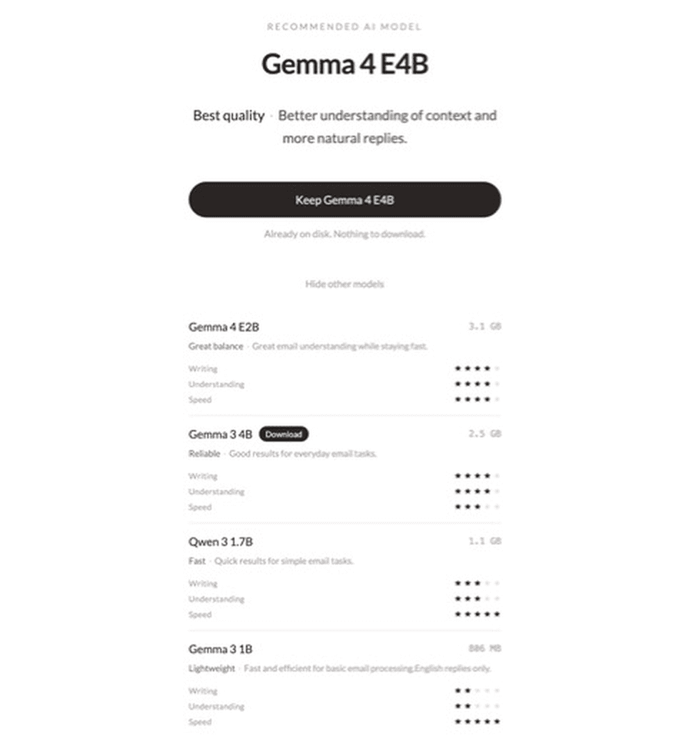 The AI model picker: the recommended Gemma 4 E4B is already on disk, with four lighter models listed below it.