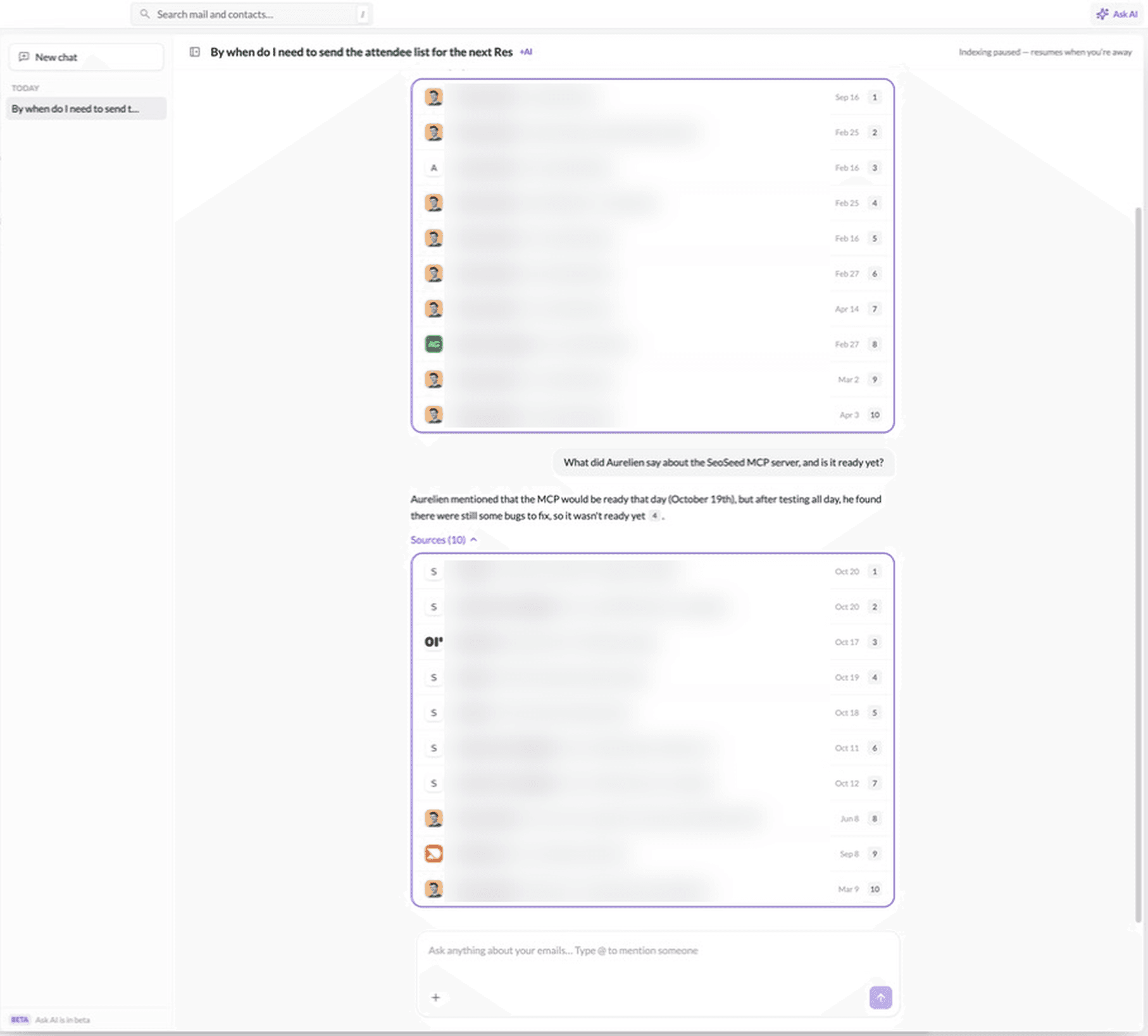 Ask AI answering a question about a thread, with a numbered citation and its ten sources. I've blurred the senders and subjects of my real emails.