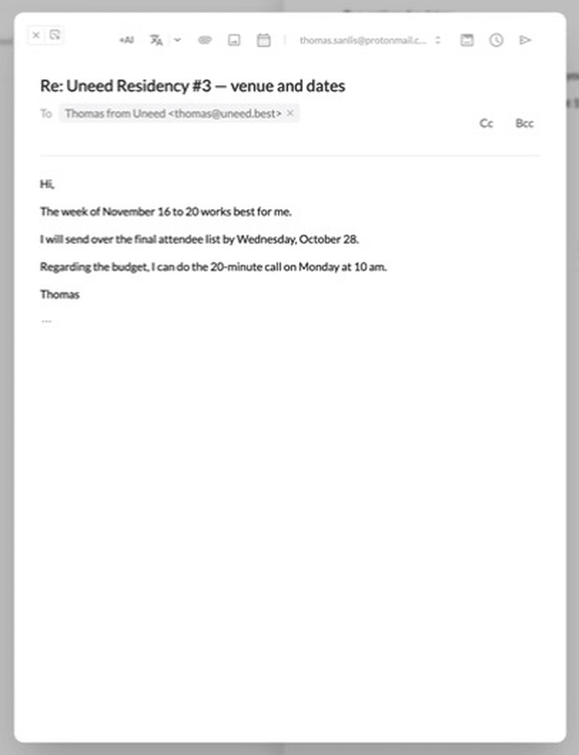 An AI Reply draft written locally by Gemma 4 E4B, answering the three questions from the email.