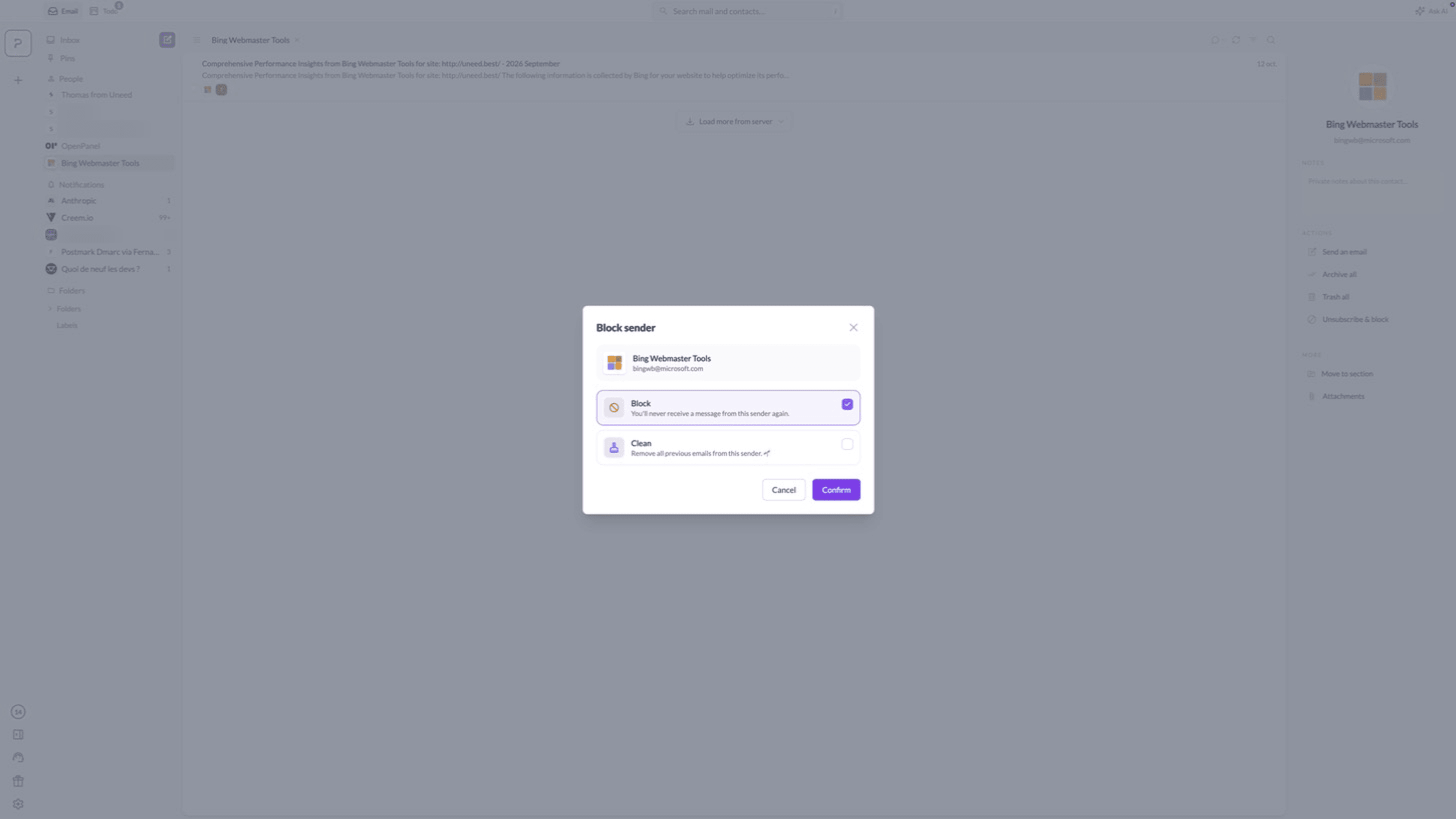 The Block sender dialog for Bing Webmaster Tools, with the optional Clean checkbox to delete past emails.