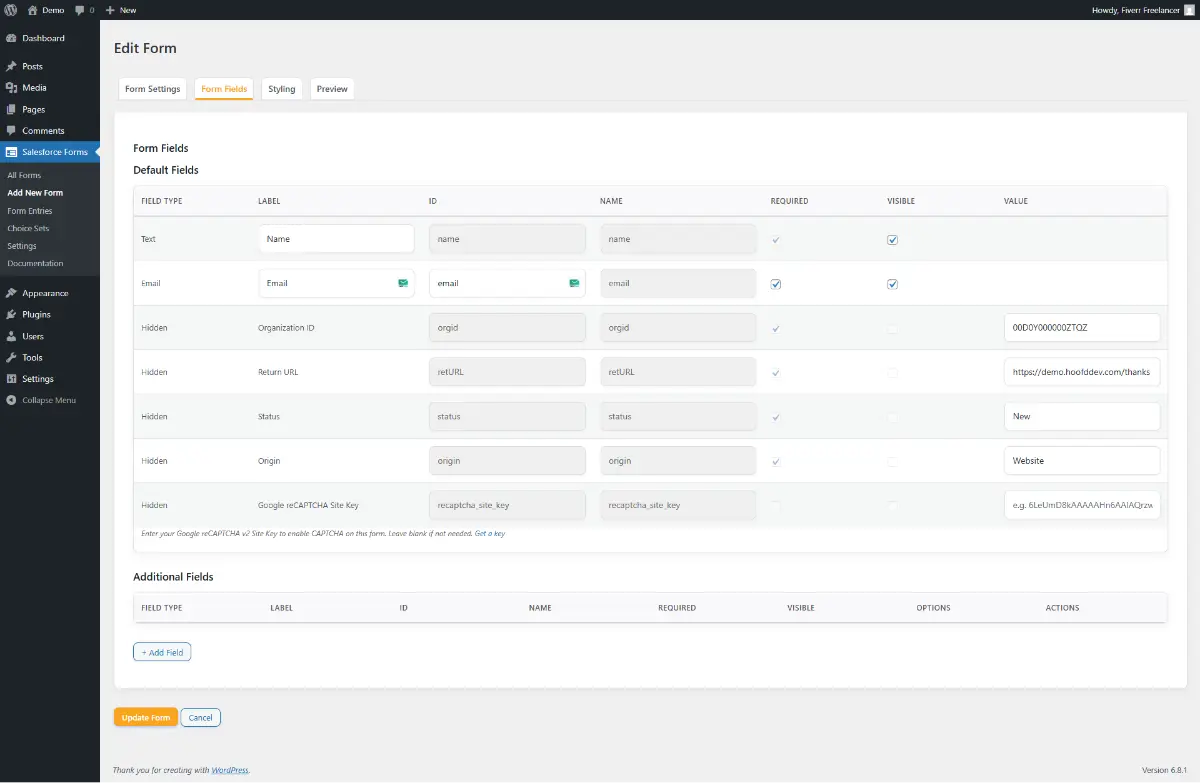Wordpress forms to Salesforce screenshot 1